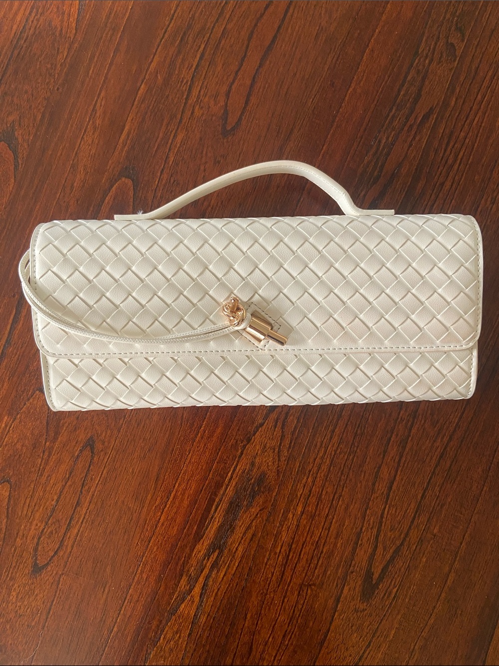 Woven Leather Top-Handle Clutch in Cream with Gold Accent